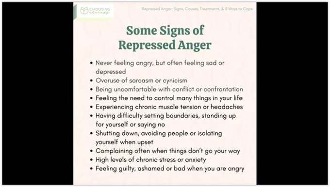 Repressed anger refers to anger that is unconsciously avoided, denied, or pushed down. Many times, repressed anger contributes to mental health symptoms related to anxiety and depression. If left untreated, it can also cause self-sabotaging tendencies, poor self-esteem, physical pains, and relationship problems.Jan 28, 2021

Repressed Anger: Signs, Causes, Treatments, & 8 Ways to ...