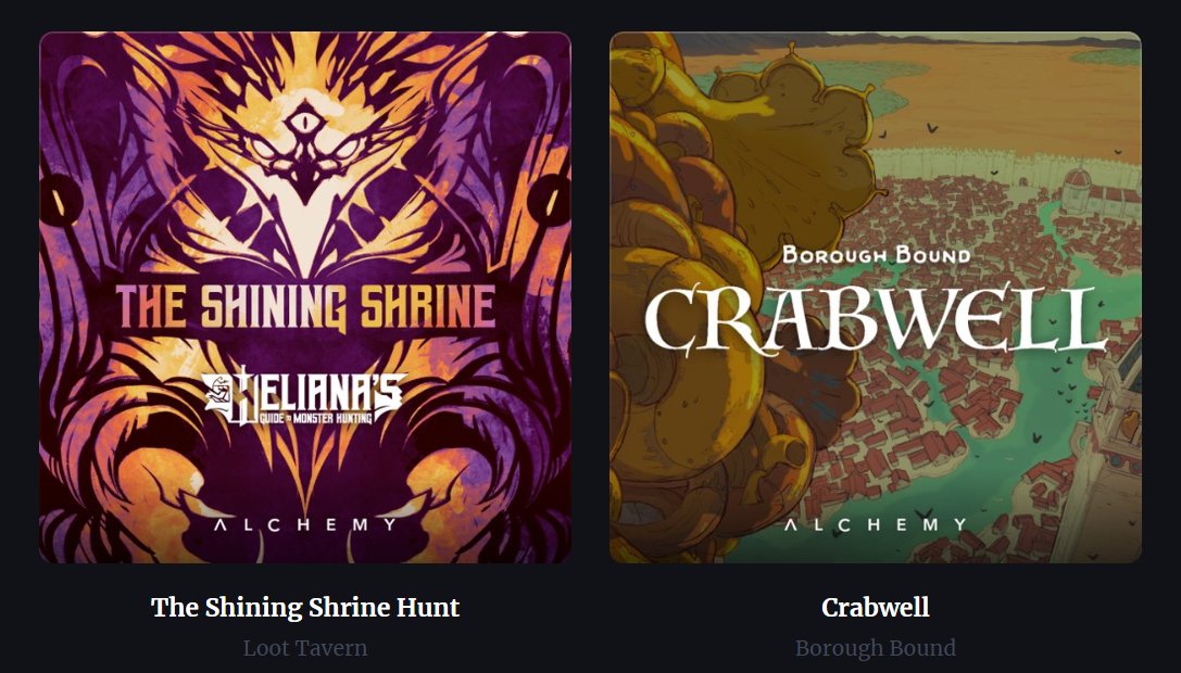 Alchemy RPG (@alchemyrpg) on Twitter photo We have a free Heliana's Hunt from <a href="/loottavern/">Loot Tavern</a> and the City of Crabwell from <a href="/BoundBorough/">Borough Bound</a>! We have a free Heliana's Hunt from <a href="/loottavern/">Loot Tavern</a> and the City of Crabwell from <a href="/BoundBorough/">Borough Bound</a>!