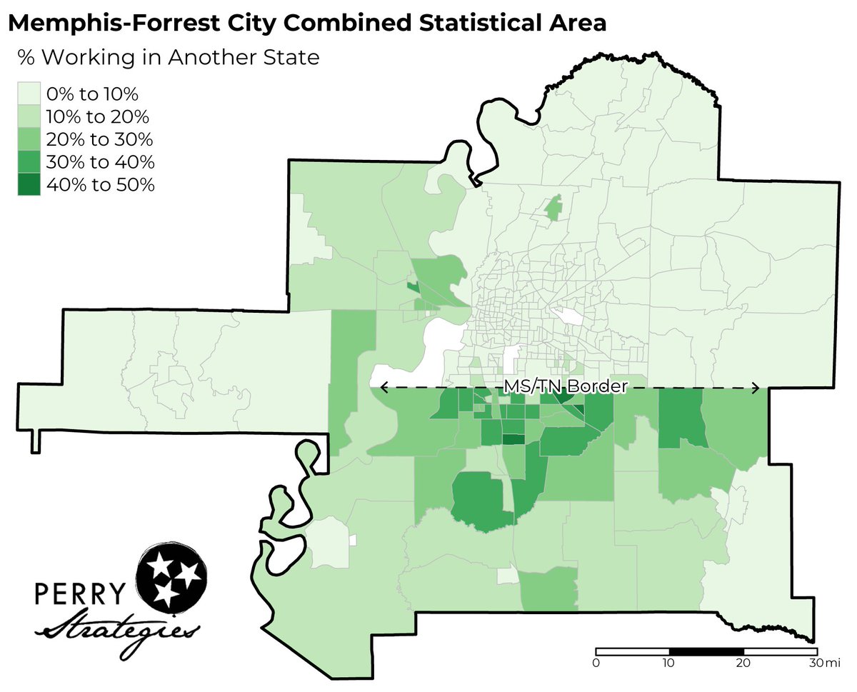 With all the #MSGov buzz, it’s time for a map of one of my favorite Mississippi statistics. Nearly 40% of DeSoto County residents actually work in Memphis, while virtually 0 Memphians cross the state line to work in MS. Made this entirely in #rstats !