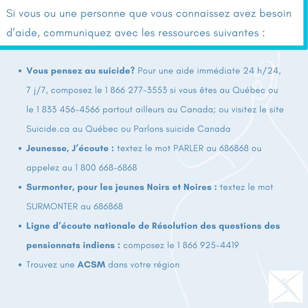 CMHA_NTL's tweet image. Si vous ou une personne que vous connaissez avez besoin d’aide, communiquez avec les ressources suivantes :