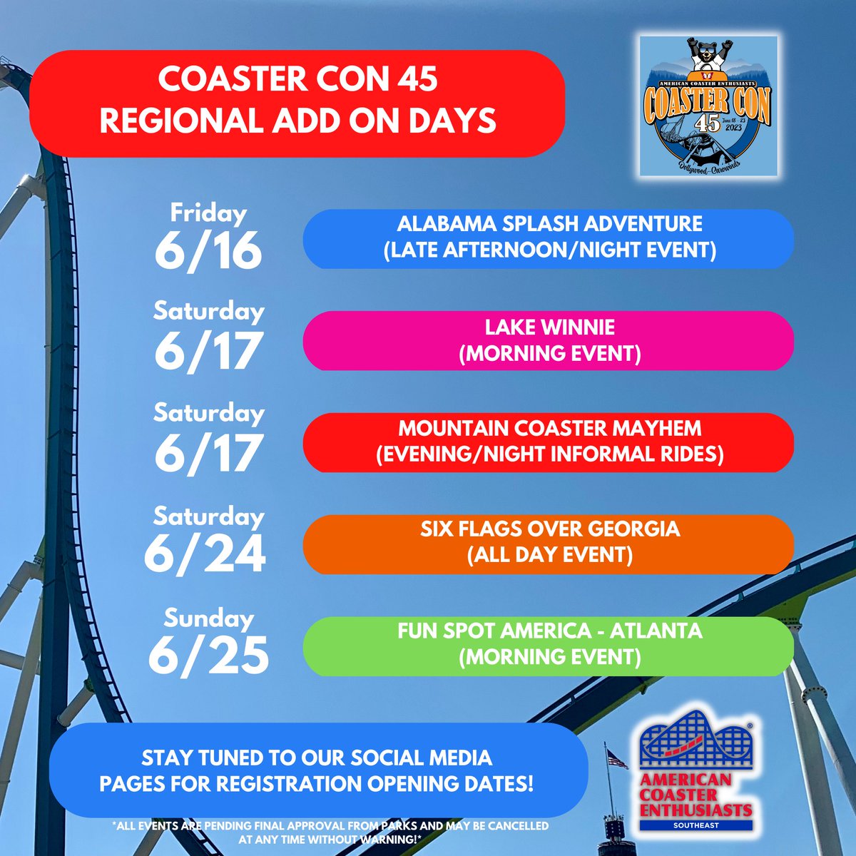 Here is the TENTATIVE plan for our regional Coaster Con add on days this June. Use this to plan your lodging and flights, if needed. Further details, including event schedules and pricing, will be release at a later date.