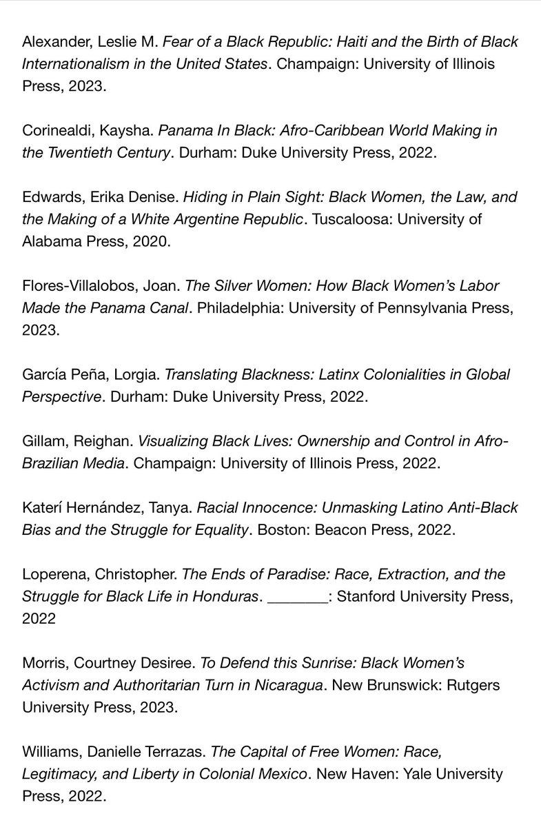 Reading list (of books) for my Afro Latin America class this coming term. I’m very excited about this. Thank you to all the scholars who spent so many years working on these projects. This is intentional list as well. #CiteBlackWomen.