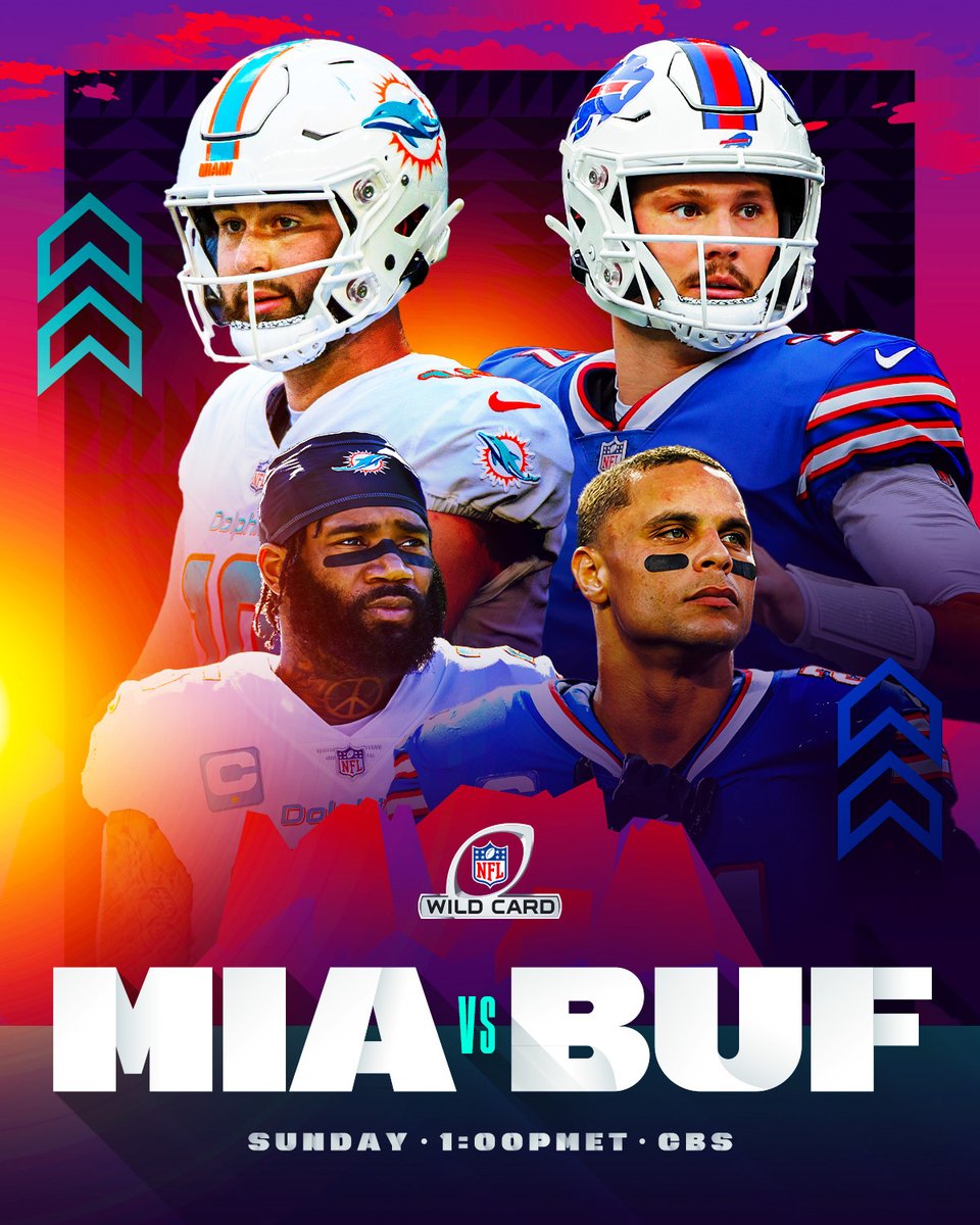 NFL's tweet photo. Who you got going to the divisional round in this classic AFC matchup? 💥

📺: #MIAvsBUF- Sunday 1:00pm ET on CBS
📱: Stream on NFL+ https://t.co/A728sgBNfX