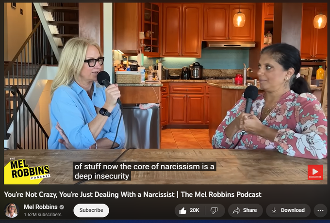 https://www.youtube.com/watch?v=1gS7uV6Bj0s
You’re Not Crazy, You’re Just Dealing With a Narcissist | The Mel Robbins Podcast

647,942 views  20 Oct 2022  The Mel Robbins Podcast
The Mel Robbins Podcast is HERE!! 💥 https://bit.ly/tmrp_playlist 👈 Watch the exclusive uncut version of every episode here on YouTube every Monday (to start your week) and Thursday (to get you through it). You can also listen, follow, and rate wherever you listen to your favorite podcasts.
—

#Narcissism is on the rise and you need to learn how to spot it in other people and have tools to protect yourself.

We all know those people who constantly turn a conversation toward themselves, who only call you when they want something, and who have a way of making everything someone else’s fault.

Well, guess what? Turns out narcissism goes far beyond that.

I’m telling you right now, even if you THINK you know what a #narcissist is, you need to listen.

I thought I knew, yet I’m still reeling from all my breakthrou