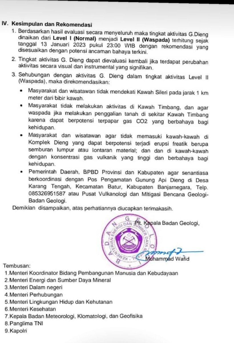 Info buat sobat Wisata peningkatan status Gunung Dieng dari Normal menjadi Waspada untuk dijadikan rujukan demi keselamatan wisatawan, tetap berhati2 dan waspada ketika piknik ya Sob..
<a href="/bpbdjateng/">BPBD Provinsi Jawa Tengah</a> #Dieng @budpar_Bna <a href="/disparbud_WSB/">Dinas Pariwisata & Kebudayaan Kab. Wonosobo</a>