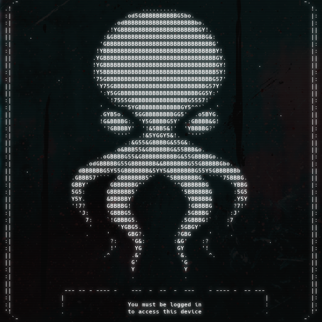 login screen finished. happier with this than the last version. if you like #asciiart check me out. if people are interested in a time-lapse i can post the gif later 🫡 hf

#pixelart #ドット絵 #ascii #textmode #indiegame #indiedev #gamedev #pcgaming #retrogaming #cthulhu