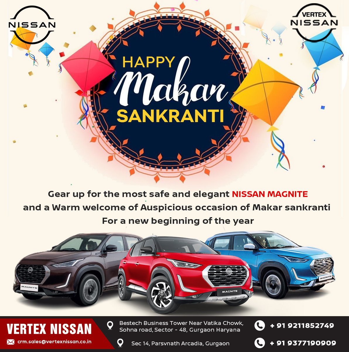 VertexNissan's tweet photo. #NissanCarDealership #Wishes #HappyMakarSakranti
Wishing you and your family a very happy "Makar Sankranti". May this first festival of the year bring new happiness and good luck in your life. The eternal mystery of life is a new start. 
.
👉 Book your favourite #NissanMagnite🚘 https://t.co/pWsFcxqcRG