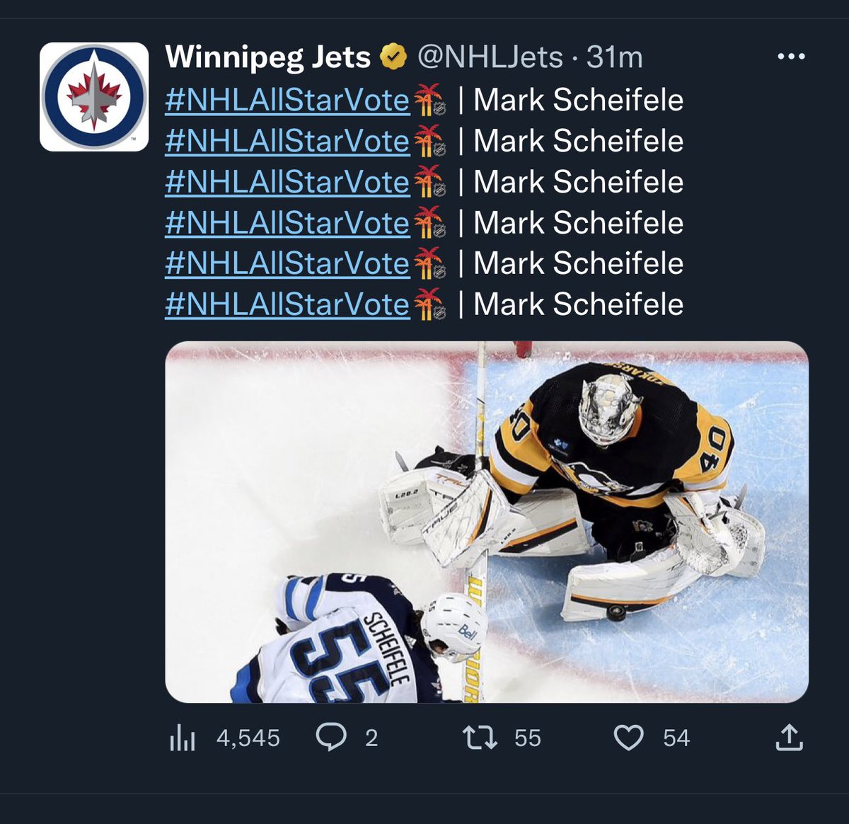 NHLJets's tweet photo. Stop the count!!

Jkjk keep retweeting we just though that was nifty 

#NHLAllStatVote | Mark Scheifele https://t.co/RBXoNYGtdQ