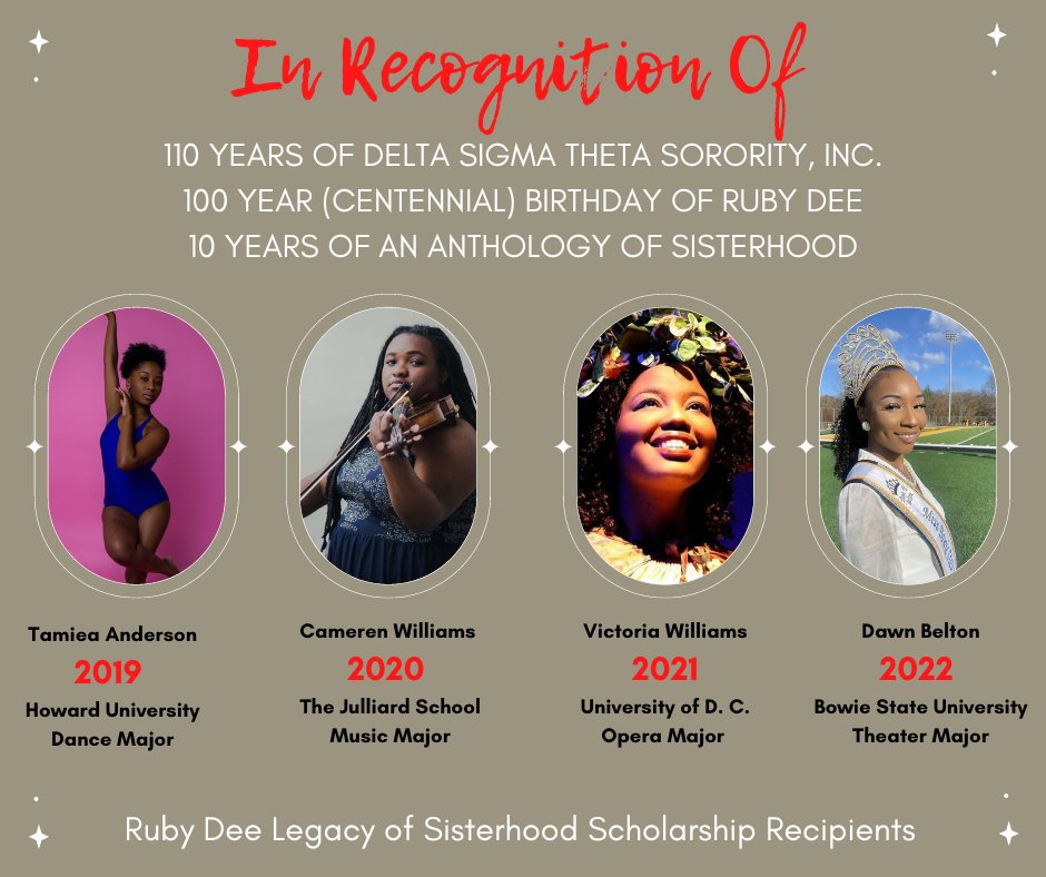 For <a href="/dstinc1913/">dstinc1913</a> Founders Day, <a href="/AnthologyOf/">An Anthology</a> celebrates our scholars: 

2022: Dawn Belton 🔺️🐘❤️
<a href="/BowieState/">Bowie State University</a>
Theater Major

2021: Victoria Williams 🔺️🐘❤️
<a href="/udc_edu/">University of the District of Columbia (UDC)</a>
Music Major

2020: Cameren Williams
<a href="/JuilliardSchool/">The Juilliard School</a>
Music Major

2019: Tamiea Anderson
<a href="/HowardUniv/">HOWARD UNIVERSITY</a>
Dance Major