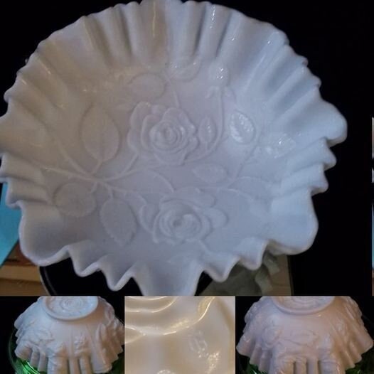 #etsy shop:Imperial Milk Glass embossed Roses,ruffled etsy.me/3GJgQgW #imperialglass #wedding #Gwitharrow #rufflededge #wavyedge #artglass #milkglass #roses #embossedleaves #embossedroses #centerpiece #whiteglass #bowl #rufflededgebowl #artglass #artdeco #art