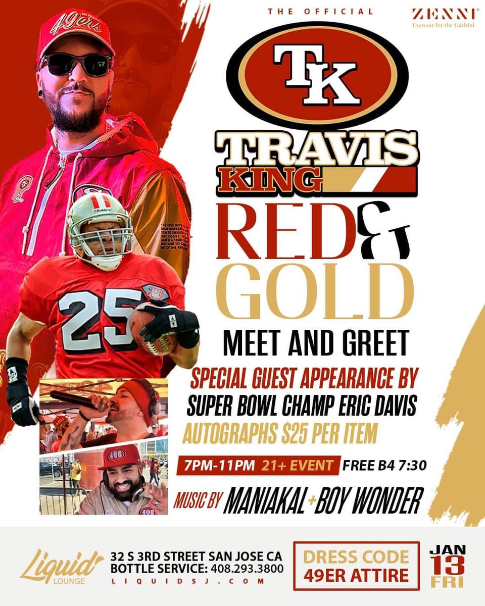 Barritz's tweet photo. Since @JL_Chapman can’t send a tweet Ritz will send one for him!

Come through to @LiquidSJ for some @49ers festivities y’all! 

@Trav_isKing gonna debut “#PutOn” live with #DaveCanal, #TommyNello (@49ers4Sale), @Barritz, #EyeOfTheNiner &amp; #DJHypeman (@AKeyes79).

Go #Niners! ❤️💛 https://t.co/q3Z4n6J4oQ