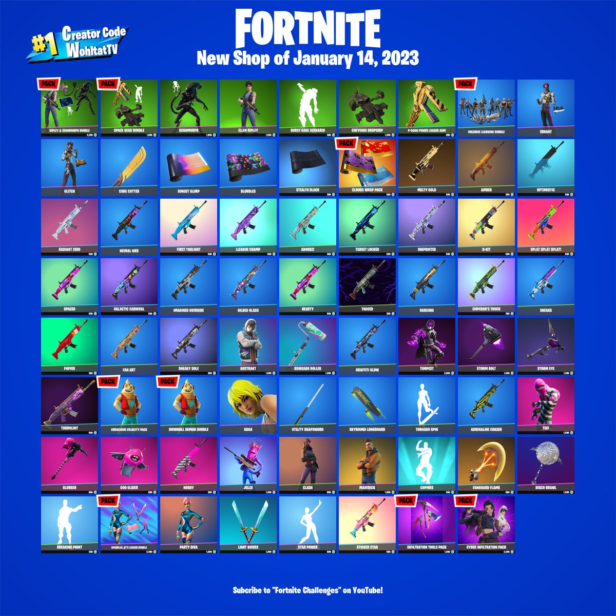 NewOnFortnite's tweet photo. The new Fortnite Shop today (January 14, 2023)
How do you like the new item shop? 👍 or 👎
❤️ Use Creator Code WohltatTV
🔥 Follow: https://t.co/4MD6rmLnFc https://t.co/sKyeTxwZaI