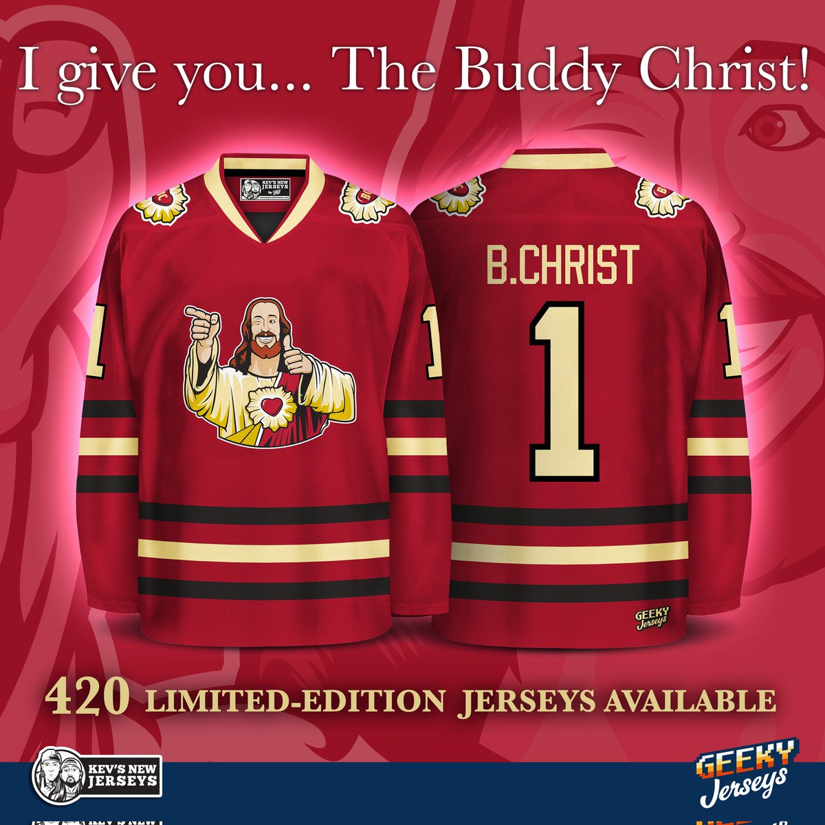 I give you... The Buddy Christ! ❤️
Get yours now at GeekyJerseys.com
#buddychrist #dogma #kevinsmith #clerks #jayandsilentbob #hockeyjersey #viewaskew 
@ThatKevinSmith