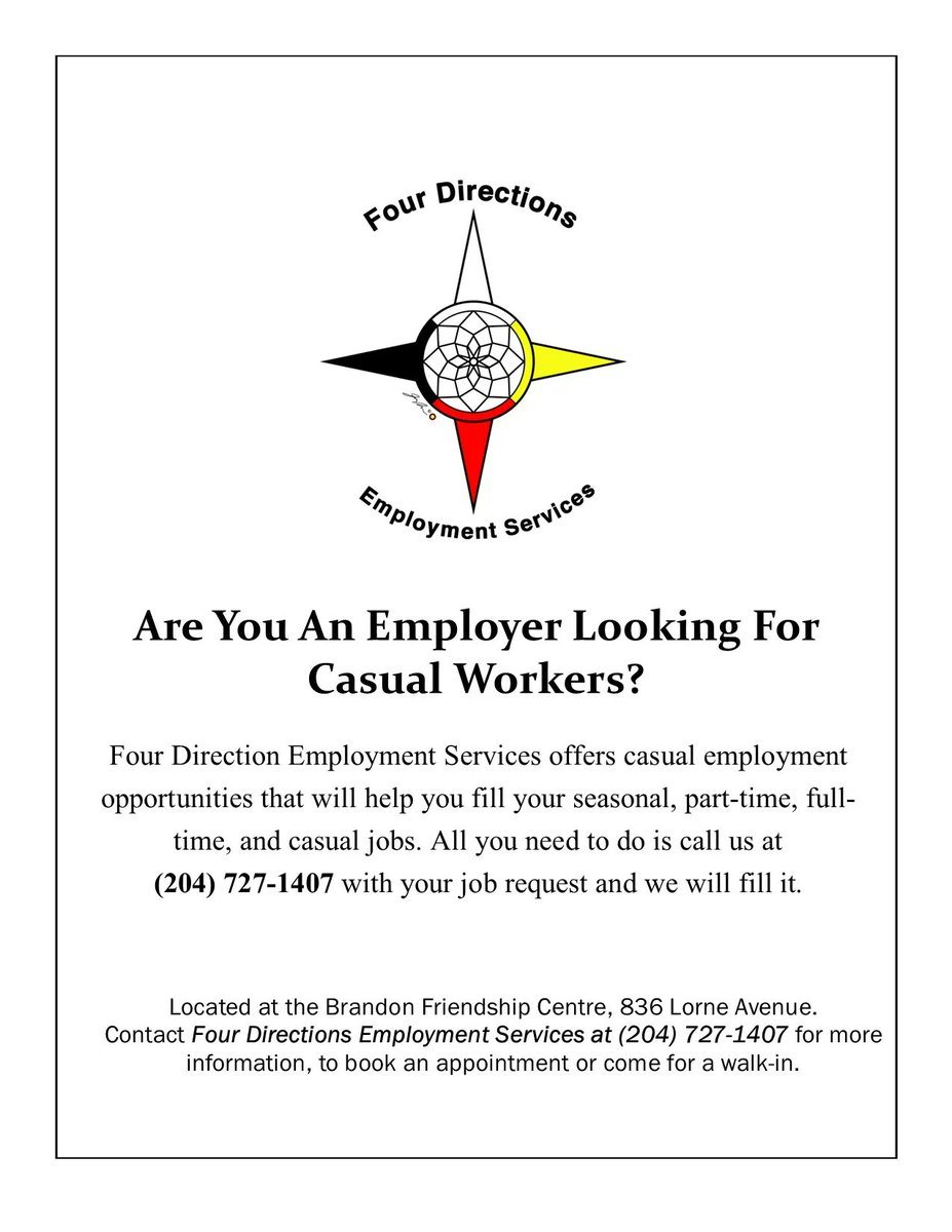 Want to try our Casual Program? Just call we even have jobs for Monday! 
Come see us or call us at the Brandon Friendship Centre! 204-727-1407