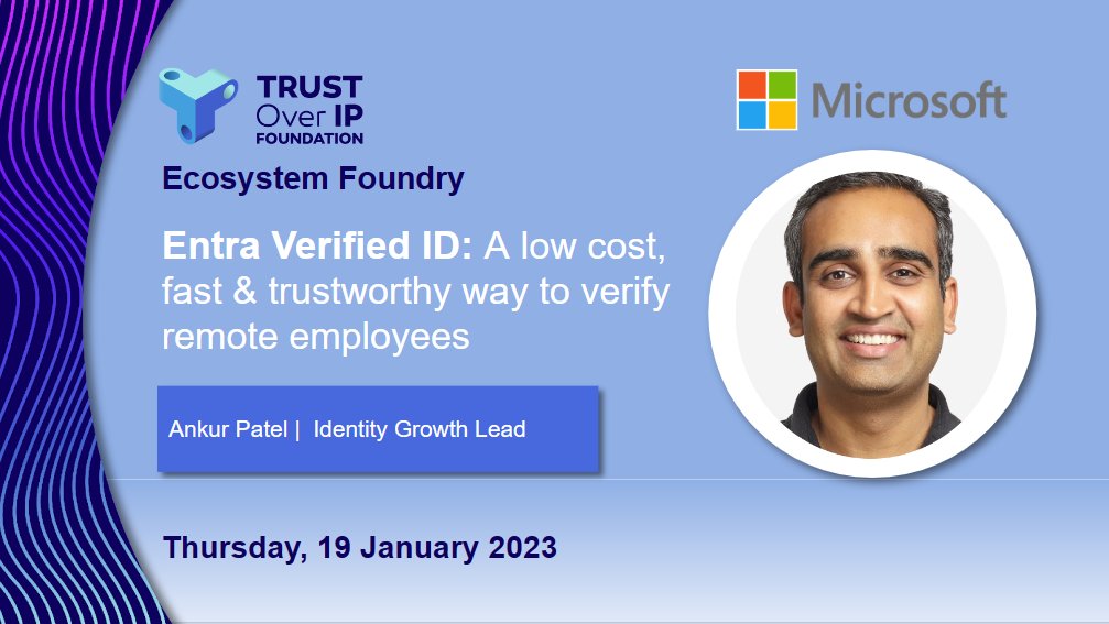 trustoverip's tweet photo. Ankur Patel speaks at the #ToIP Ecosystem Foundry Working Group on Microsoft's work with #DIF and #W3C communities on building systems with decentralized identifiers and verifiable Credentials. #entra, #microsoft, #identity, #trustoverip
https://t.co/dkaoB1lAk3 https://t.co/oacdAnpsBK