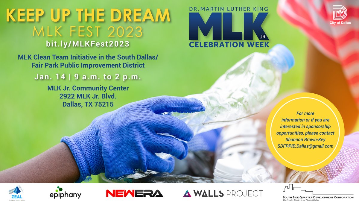 CityOfDallas's tweet photo. MLK Fest Community Clean-up tomorrow!
Join South Side Quarter Development Co., Walls Project, Epiphany, Zeal, New Era, and the City of Dallas in a community clean-up of the MLK corridor!
#MLKCelebrationWeek https://t.co/2JTORnBIOU