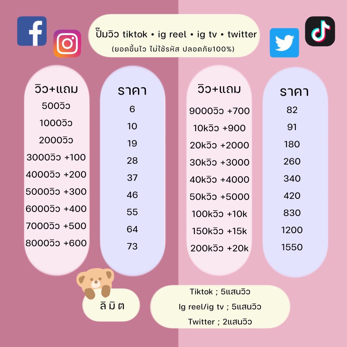 รับปั้มฟอล/ไลค์/เฟบ เฟซ ไอจี ติ้กต่อก ทวิตเตอร์ 
-แอคไทยล้วน ปั้มมือ มีลูกทีม 
-ฟอล ไลค์งานไอจี งานเร็วมาก
-รับปั้มวิวไอจี ต่อกๆ ทวิต 
-ใช้แค่ลิ้งค์อย่างเดียว

สอบถามฟอลแล้วทักเดมมาได้เลยค้าบ 
#ปั๊มฟอลไอจี #ปั๊มฟอล #ปั๊มไลค์tiktok #ปั๊มฟอลทวิต #ปั๊มวิว #ปั๊มไลค์เฟส