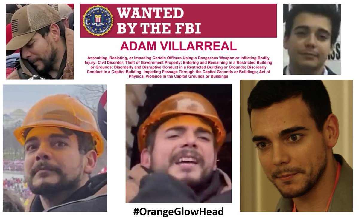 SeditionHunters's tweet photo. Adam Villarreal allegedly assaulted police officers at the U.S. Capitol on January 6, 2021. He has ties to California, Oklahoma, Oregon, and Washington. If you see him, call 1-800-225-5324 or visit https://t.co/CacVxYKgAz to submit a tip. #OrangeGlowHead https://t.co/4PooAOxu3B