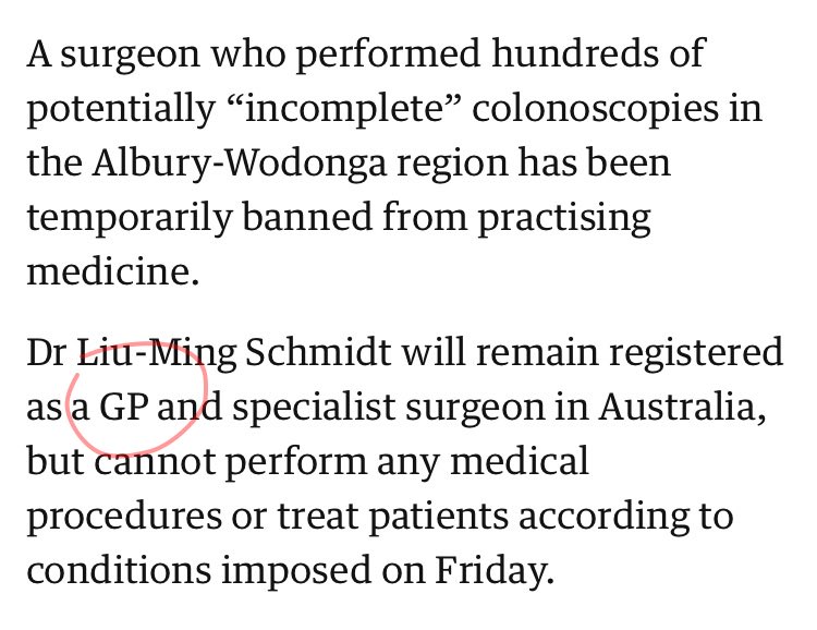 Brett Montgomery (@brettmontg) on Twitter photo <a href="/guardiannews/">Guardian news</a> It appears there is a factual error in this article. It states this doctor “will remain registered as a GP”, but a search of the AHPRA register (ahpra.gov.au/Registration/R…) shows only general and specialist surgical registration. General registration does not mean she is a GP. 1/2 <a href="/guardiannews/">Guardian news</a> It appears there is a factual error in this article. It states this doctor “will remain registered as a GP”, but a search of the AHPRA register (ahpra.gov.au/Registration/R…) shows only general and specialist surgical registration. General registration does not mean she is a GP. 1/2