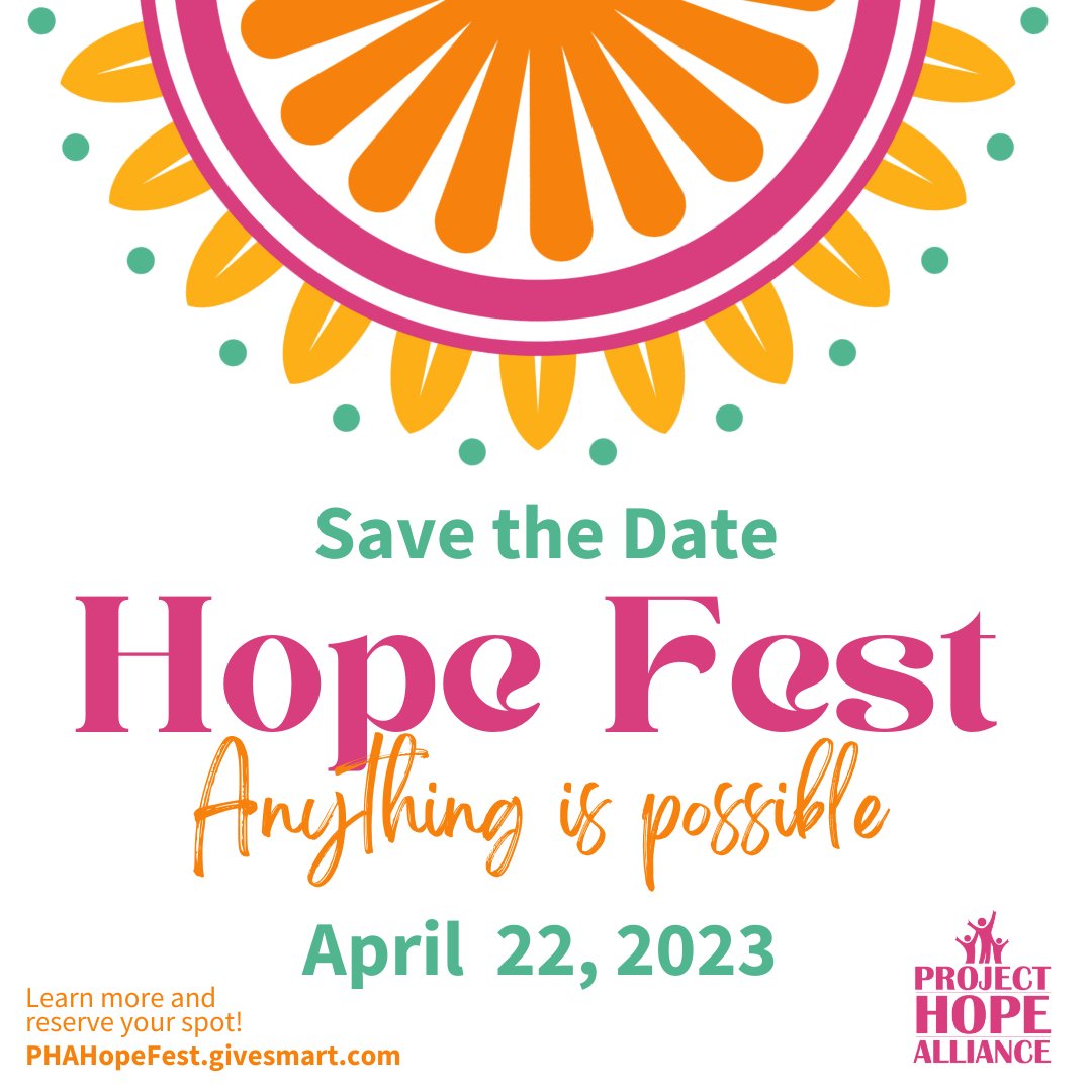 Make an impact for the kids by supporting Hope Fest - Anything is Possible - Be a sponsor, underwriter, attendee, and donor! Every gift helps break the generational cycle of homelessness one child at a time.

Learn More: phahopefest.givesmart.com

#HopeFest2023 #ProjectHopeAlliance