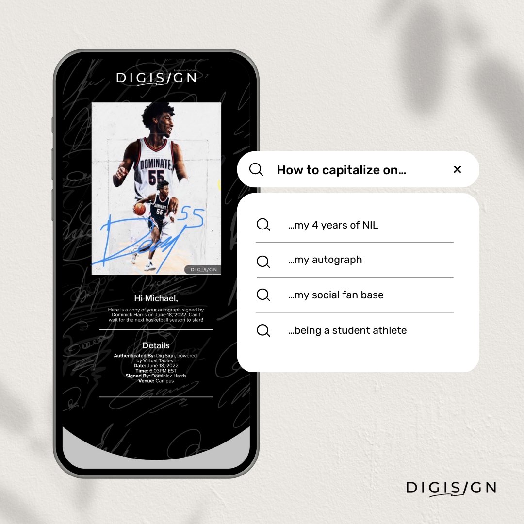 VRTLlive's tweet image. You have four years to capitalize on your NIL, and with one semester down, you might be asking some questions about maximizing your brand. #DigiSign has the answers 💡