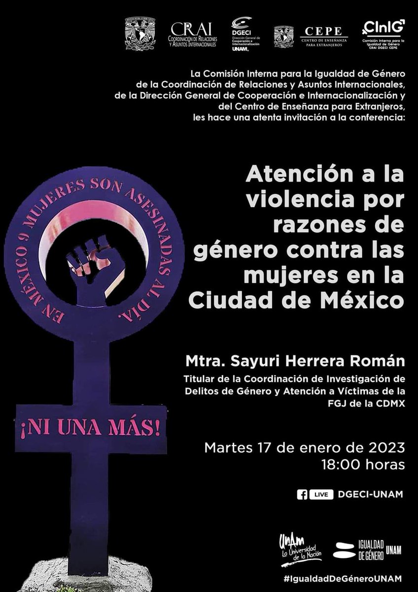 Nos vemos este 17 de enero en la conferencia "Atención a la violencia por razones de género contra las mujeres en la CDMX", impartida por la Mtra. Sayuri Herrera Román, titular de la Coordinación de Investigación de Delitos de Género y Atención a Víctimas de la FGJ de la CDMX.
