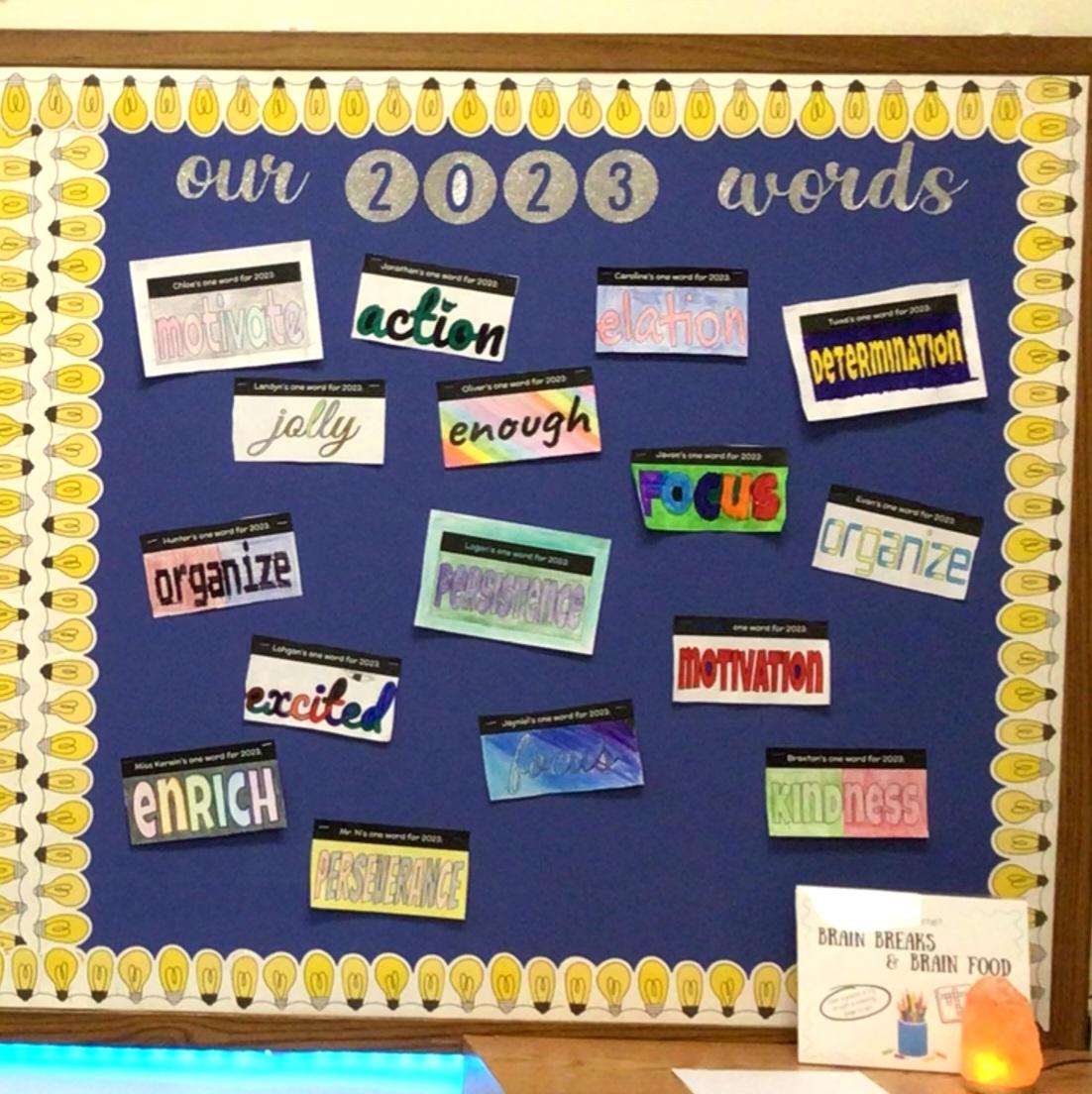 Miss_Kerwin_'s tweet photo. Our 2023 words for our #OneWordProject are up! We worked on identifying goals for the year and finding our personal word to help remind us of our goals throughout the year. They have some AWESOME words!💪🎉✅️💖 @MrWPopejoy @RackleyNate https://t.co/DNWLrRjbS0