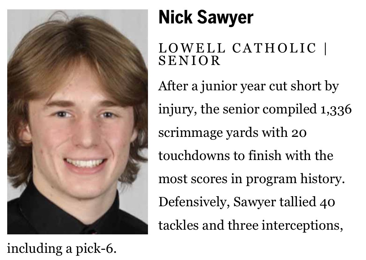 Very Blessed to be and All-scholastic!! Thank you too all my teammates and Coaches for there support. Very blessed for the opportunity to play for this Program!! <a href="/LC_CrusadersAD/">Lowell Catholic Athletics</a> <a href="/Lowell_Cath_FB/">RJSSOB</a>