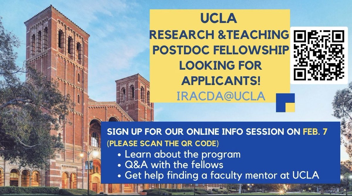 IRACDA@UCLA
Jan 6, 2022
#Graduate #Postdoc: Interested in academic #research and #teaching? We are accepting applications to join the UCLA IRACDA postdoc fellows program. Sign up online to join us on Feb. 7th 2023 #AcademicTwitter #DiversityAndInclusion #BlackintheIvory #SACNAS