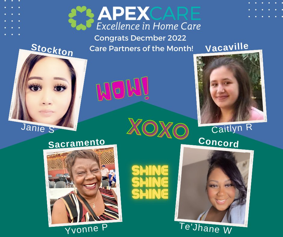 ApexCareCA's tweet photo. Congrats to our December 2022 Care Partners of the Month!!!  You make us proud.  Thank you for your amazing contributions to ApexCare and our clients! https://t.co/L9INqsoDoG