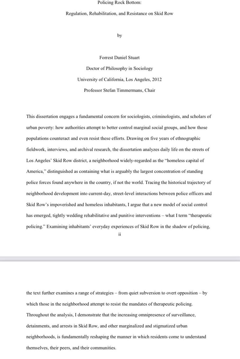 tmccormick's tweet photo. @RoofLesser @abales "Policing Rock Bottom: Regulation, Rehabilitation, and Resistance on Skid Row." 2012 PhD dissertation by Forrest Daniel Stuart (UCLA, Sociology).
https://t.co/Y4XinnygWz #TheCarceral #LoïcWacquant #Wacquant #SkidRow #SkidRowLA #TherapeuticPolicing https://t.co/YPxnGuT15E