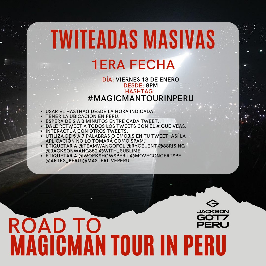 Jackson_G7Peru's tweet photo. [● PROJECTS: ROAD TO MAGIMAN TOUR IN PERU ●]

En unos minutos empezamos con la 1era twiteada masiva, lean la información en las imágenes y nos vemos en un rato!!!!

Esperamos contar con su apoyo💪
Difundan❤️

#JacksonWang #MagicManTour #Jackson #TeamWang #JacksonGOT7Peru https://t.co/QUeU2qEG4O