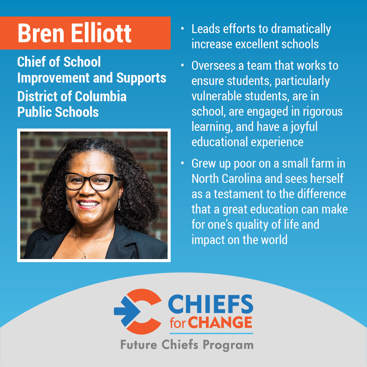 As we continue to introduce the members of our new cohort of #FutureChiefs, we are happy to spotlight <a href="/BrenElliott247/">Bren Elliott</a> of <a href="/dcpublicschools/">DC Public Schools</a>.