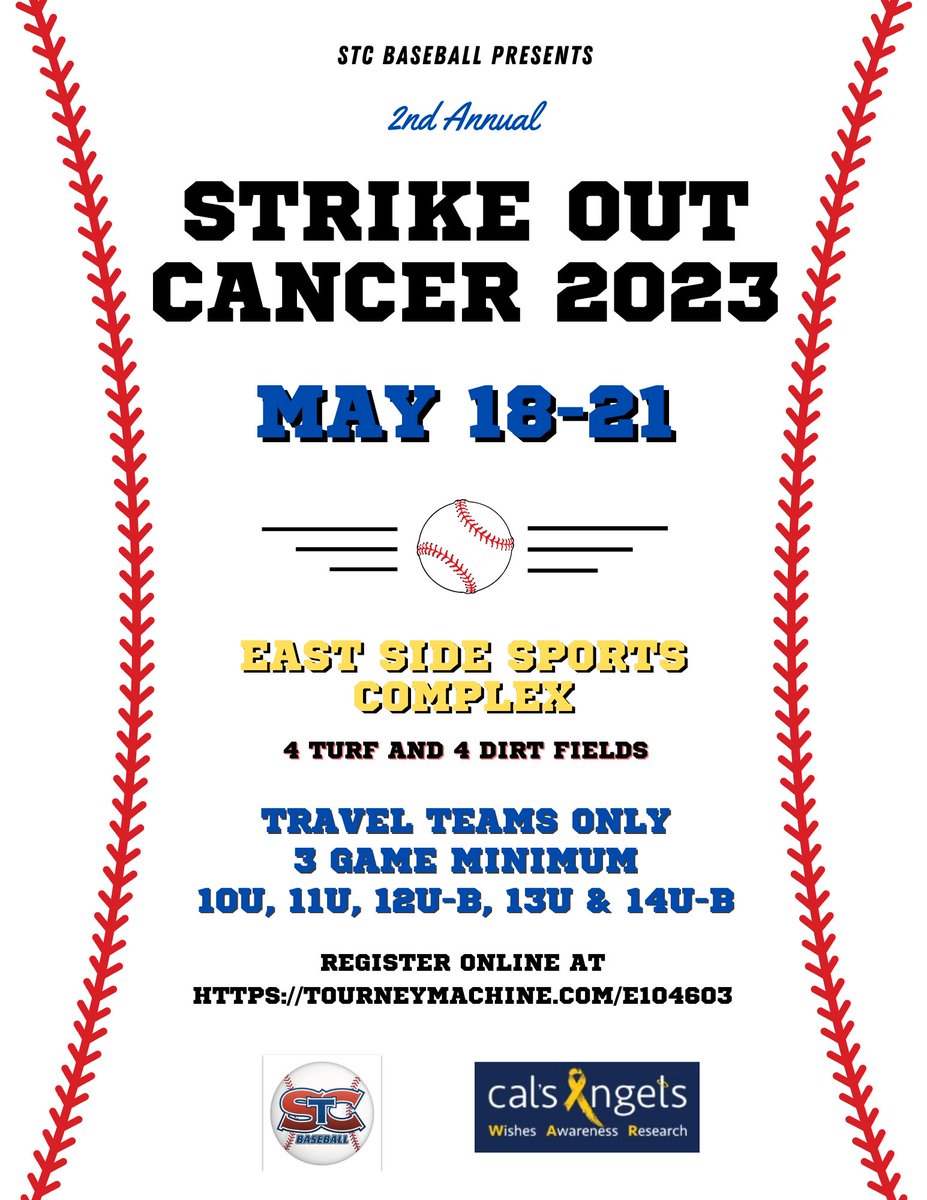 CalsAngels's tweet photo. Sign-ups are happening NOW! ⚾️ STC Baseball Presents the 2nd Annual Strike Out Cancer 2023. Get your travel team on the tournament schedule today to play for kids fighting cancer. 🎗

Play ball! https://t.co/QKoBfFpB6B https://t.co/qtiFYr9UOd