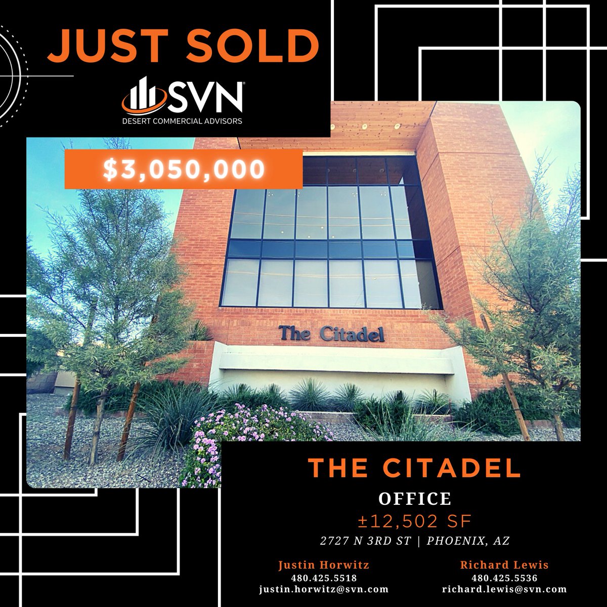 SVNDCA's tweet photo. JUST SOLD 🏷️ The Citadel office building, fully renovated in 2018 and located in Midtown Phoenix just minutes from Downtown! 🌆
#justsoldit #commercialproperty #office #officerealestate #svndca #realestatebrokerage #officeproperty #phoenixrealestate https://t.co/XruprL5nqe