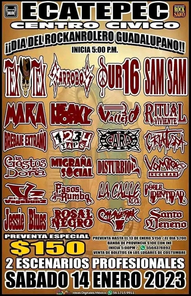 Rock_Urbano's tweet photo. 14 Enero 2023 / Centro Civico / Ecatepec
#TexTex
#Garrobos
#Sur16
#SamSam
#Mara
#HeavyNopal
#3Vallejo
#RitualViviente
#LaCalleRock
#BrebajeExtraño
#LaOtraCaraDeMexico
#LosGestosDeLaDoña
#Disturbio
Y más
#TocadaEcatepec #TocadasRockUrbano #RockUrbano #RockNacional #RockMexicano https://t.co/cCuiaw6Czm
