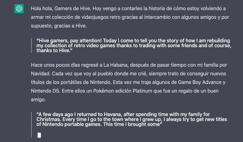 Con este TIP no volverás a utilizar traductores para tus artículos de #Hive.

1. Créate una cuenta en <a href="/Openai/">OpenAI</a>
2. Escribe el texto de tu artículo
3. Pídele a #ChatGPT que lo traduzca al inglés
4. Dile a la IA que intercale los textos y que el texto en Inglés sea en formato de cita