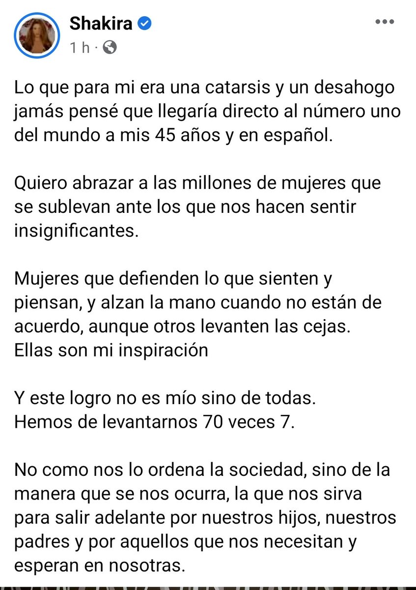 Barbarajosefina's tweet photo. Mensaje de Shakira colgado esta noche en su cuenta de Facebook. 💜✊🏼 https://t.co/qtUPymunP3