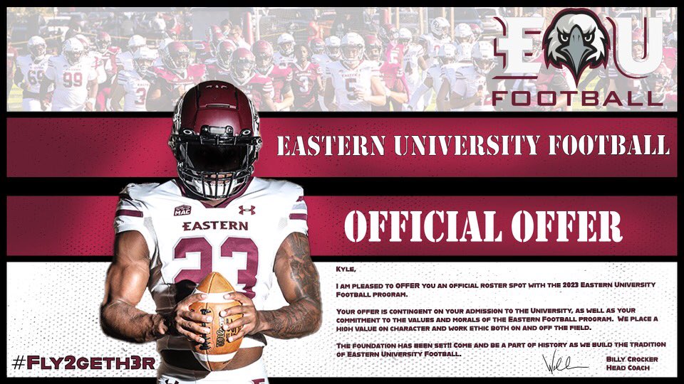 Blessed to receive an offer from <a href="/EUEaglesFB/">Eastern University Football</a>!! Thank you <a href="/TheCoachMorris/">Tyzhir Morris</a> <a href="/Coach_Crock/">Billy Crocker</a> and the rest of the coaching staff and players for making me feel welcomed. Loved being up on campus today!! <a href="/ExeterTwpFB/">EXeter Twp PA FB</a>