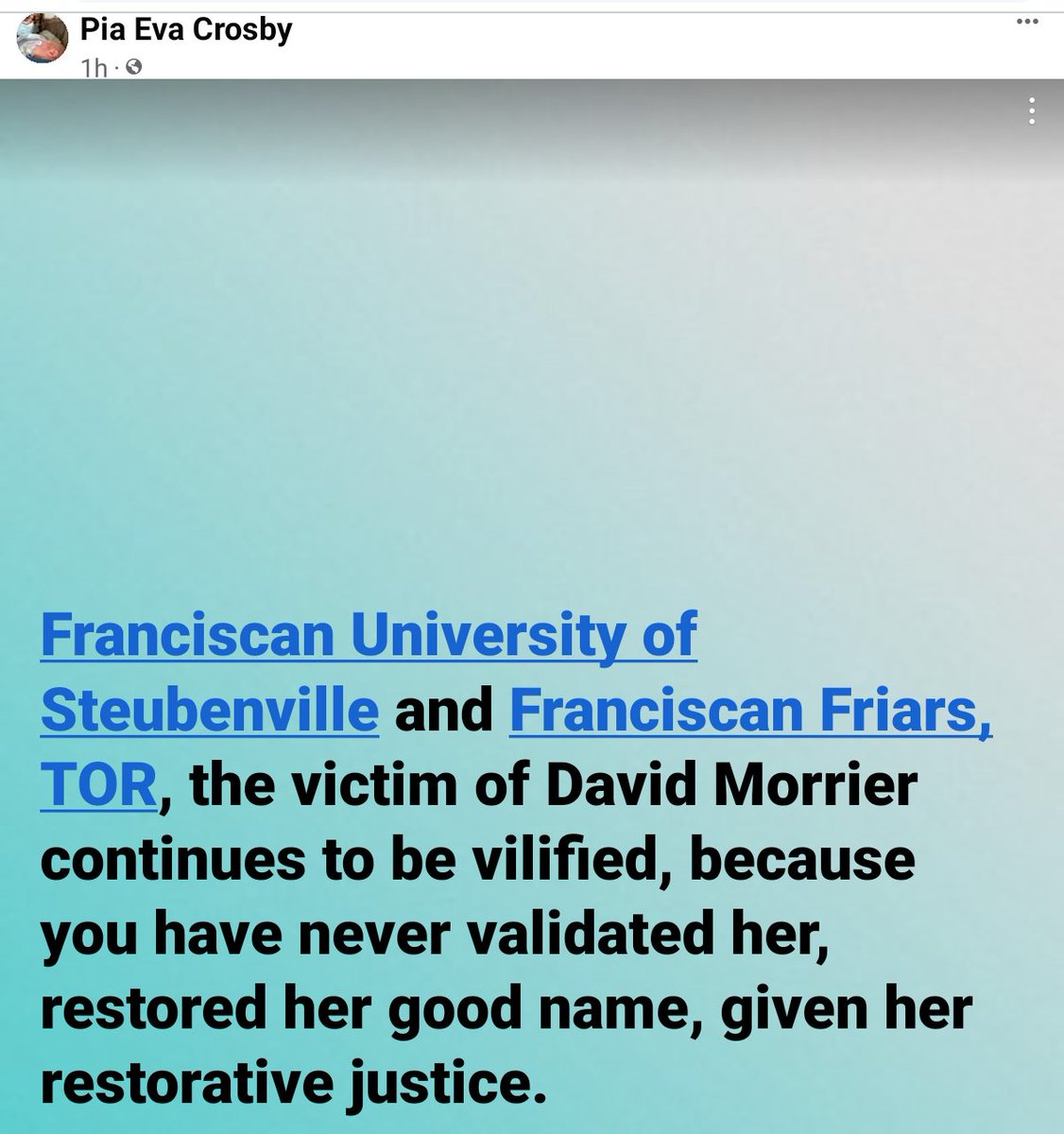 SteubSurvivors's tweet photo. I agree 100%. It is way past time for the @SacredHeart_TOR and @FranciscanU to the around their behavior &amp; stop this. It needs to be addressed by the friars, who must call off the alums, students, &amp; fans. This has gone on long enough. https://t.co/NcAbM8w87x