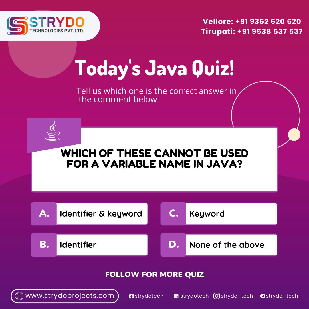 Can you guess the answer?
If you find the correct answer comment it below.

#strydo #technologies #vellore #tirupati #finalyearprojects #studentprojects #quiztime #quiz #programmingquiz #javaprogramming #java #javaquiz #coding #challenge #aptitude #finalyearstudents