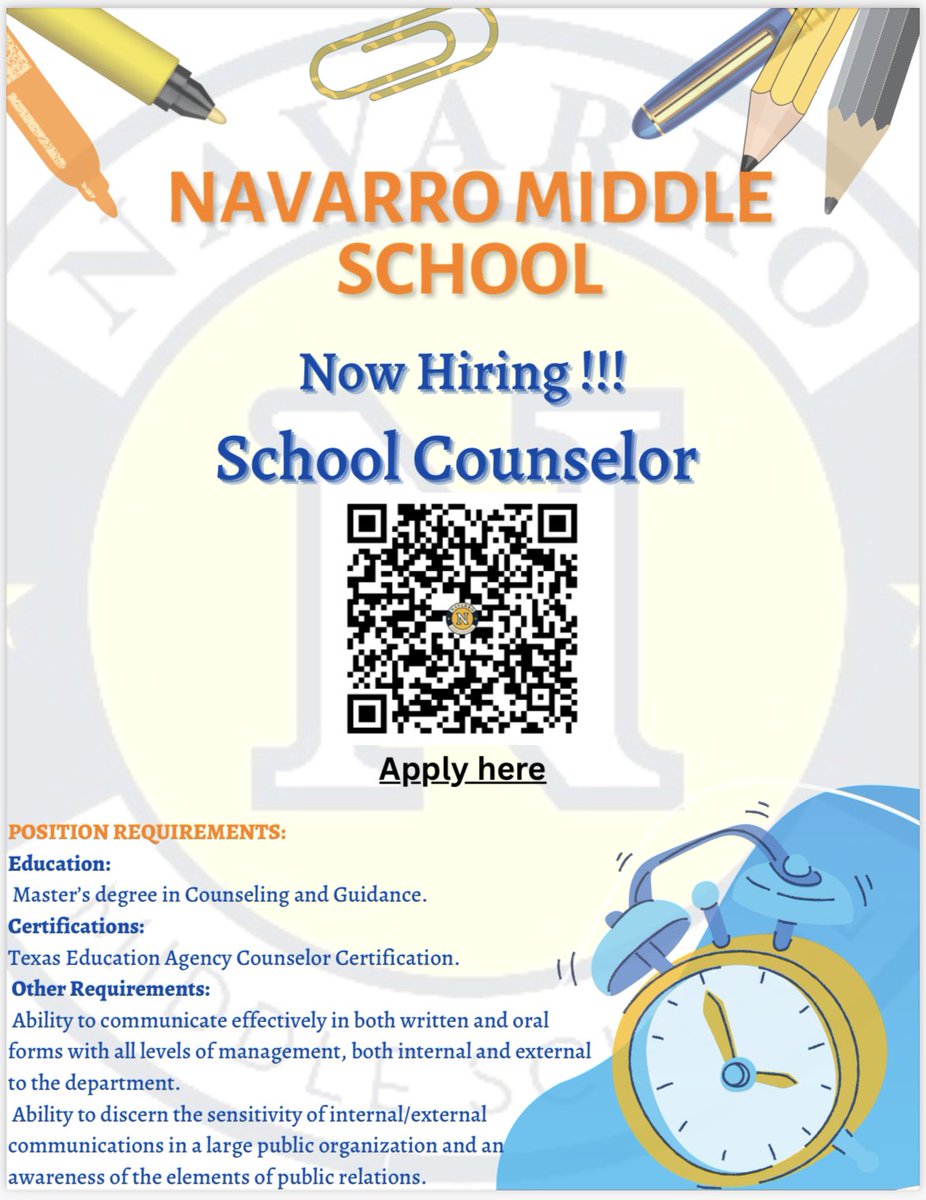 emet_crz's tweet image. @NavarroMS_HISD is hiring a school counselor!!! If you’re interested in serving in one of the best schools in the east end and work with our amazing students then we want you. Use the QR code or apply online. #LearningIsRequired @CMtzHTX @tudon_martinez @HISDMiddleSchls