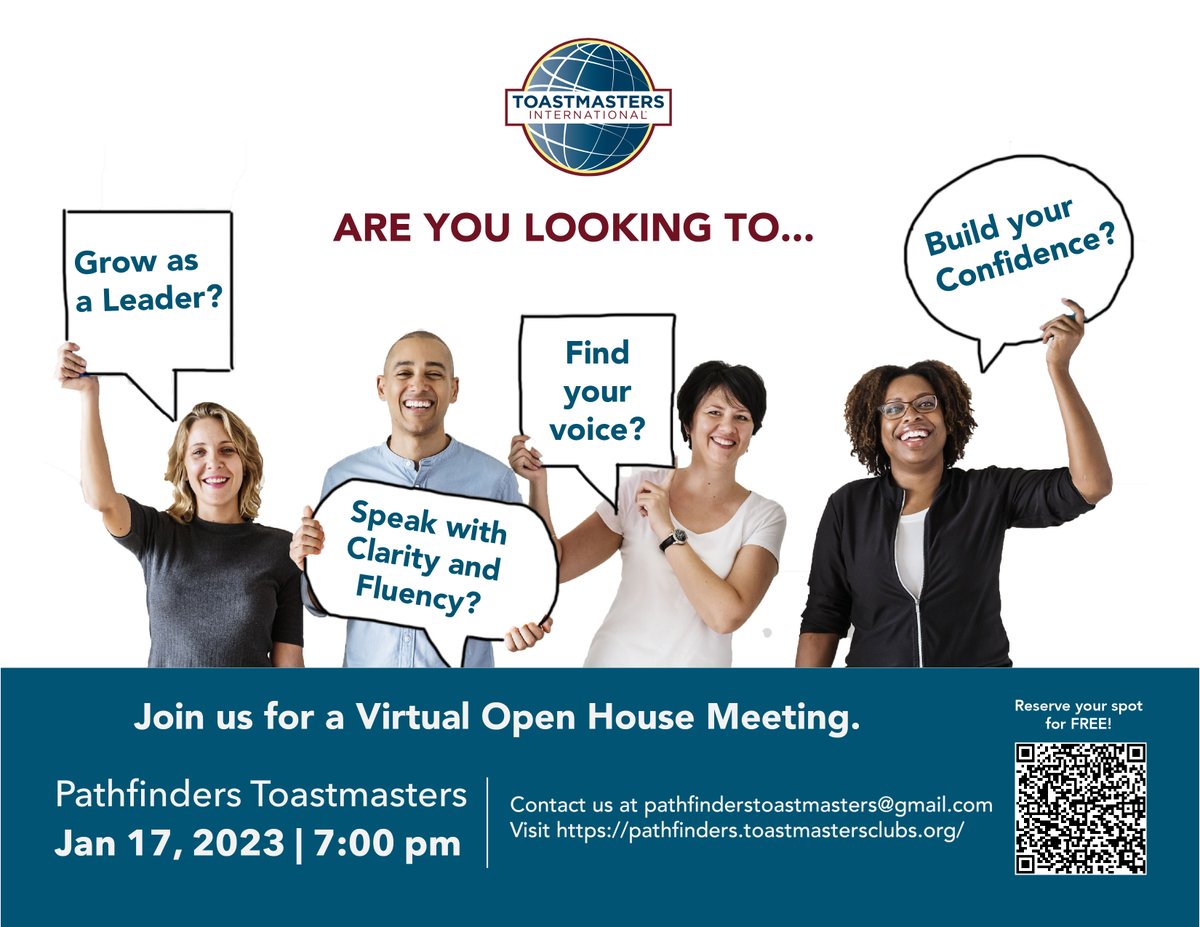 Hi friends, just 5 more days to go for our open house. Join us at our upcoming Open House with Pathfinders next Tuesday (Jan 17, 7pm). We are geared up and hope you are too!
<a href="/Toastmasters/">Toastmasters</a>
<a href="/103DistrictTM/">District 103 Toastmasters</a>

Register here: eventbrite.com/e/pathfinders-…

#excited 
#communication
#leadership