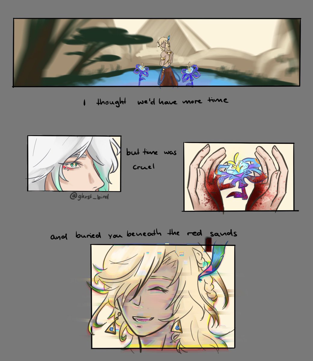 Ghxst_Bird's tweet photo. Another #wip of the Flower God AU 🌺 comic <3
#haikaveh #kavetham #kaveh #alhaitham #deshret #scarletking #reincarnation #flowergod #fanart #comic https://t.co/kObQUw5NMj