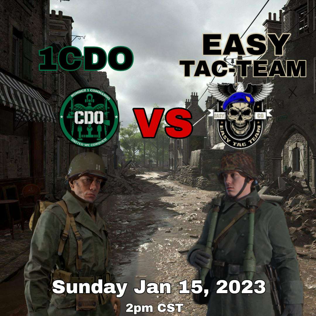 Jan 15 2023 2pm CST
1CDO vs Easy Tac-Team 
HLL Friendly Match
twitch.tv/cidibeats 
watch with this link, on a 15 min delay
or watch in our VC
discord.gg/easycompany
#gaming #HLL #Hellletloose