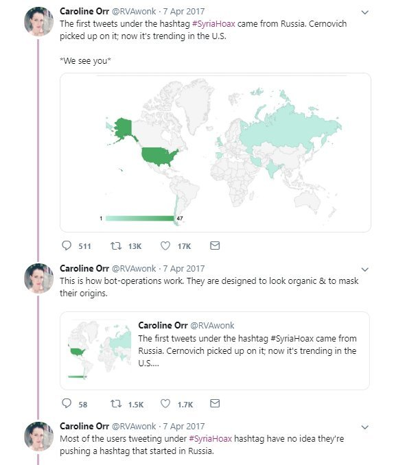 kosh_1's tweet photo. @gmfus You misattributed the #SyriaHoax hashtag to Russia in April 2017, as an example of "how bot-operations work".
It took you over a year to back-off that, switching to "it didn't start in America". Also not substantiated your source, #DFRLab.
#SocksNotBots
https://t.co/SsXlrNCZqK https://t.co/mJukgs3q7X