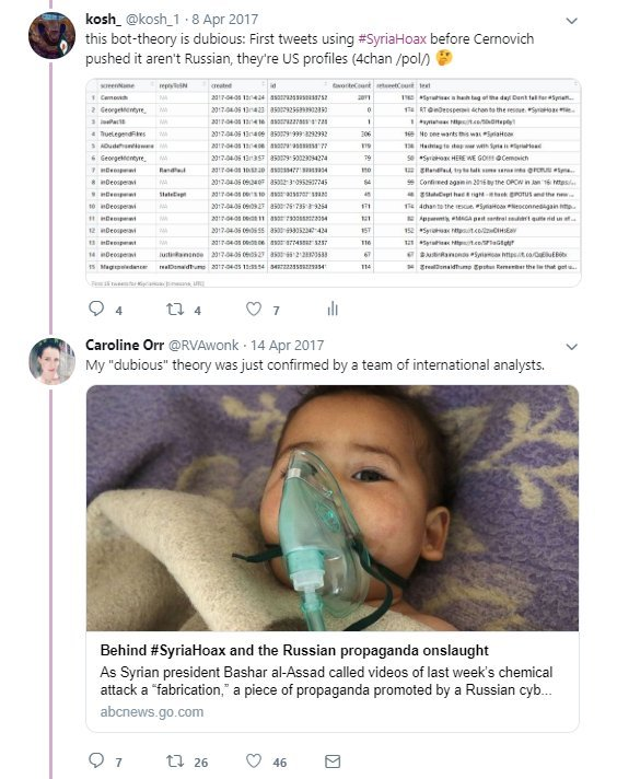 kosh_1's tweet photo. @gmfus You misattributed the #SyriaHoax hashtag to Russia in April 2017, as an example of "how bot-operations work".
It took you over a year to back-off that, switching to "it didn't start in America". Also not substantiated your source, #DFRLab.
#SocksNotBots
https://t.co/SsXlrNCZqK https://t.co/mJukgs3q7X