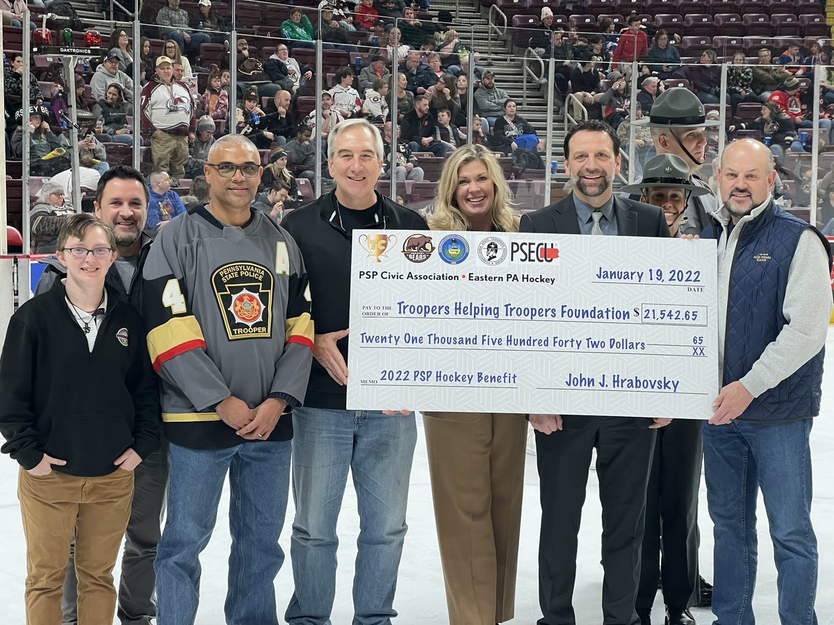 We are honored and proud to be apart of a great event raising money for <a href="/PAStatePolice/">PA State Police</a> #TroopersHelpingTroopers Foundation.  

Huge thanks to <a href="/TheHersheyBears/">Hershey Bears</a>, <a href="/psecu/">PSECU</a>, <a href="/PSTA_1962/">PA State Troopers Association</a>, <a href="/DauphinCounty/">Dauphin County</a>, PSP Civic Association, and Eastern PA Hockey.

<a href="/PAGrayNation/">Gray Nation</a> #PSP #THT