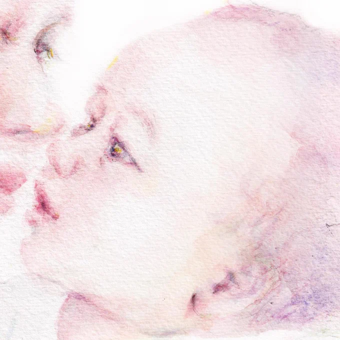 新生児の赤ちゃんが、まだよく見えない目でお母さんを一生懸命見つめ、匂いや存在を感じている。その様子を包み込むように見つめるお母さん。そんな2人の静かで美しいやりとり。どうしたら2人の「存在そのものの美しさ」を表現できるだろう。洗練されたピュアな印象にするため 
