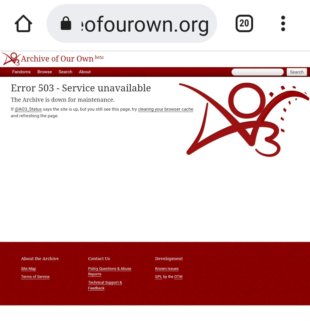 pennmcam's tweet image. Aaaarrrrghhh AO3 is still down 😭😭😭 It's been hours now and I'm #notcoping! Have been getting email alerts for updates of fics I'm up to my gutz in and I can't read them 😭😭😭😭😭
#ao3down